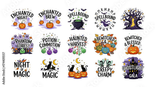 Halloween Badges: A collection of creatively designed Halloween badges, showcasing the spooky spirit of the season. Each badge features unique elements and typography.