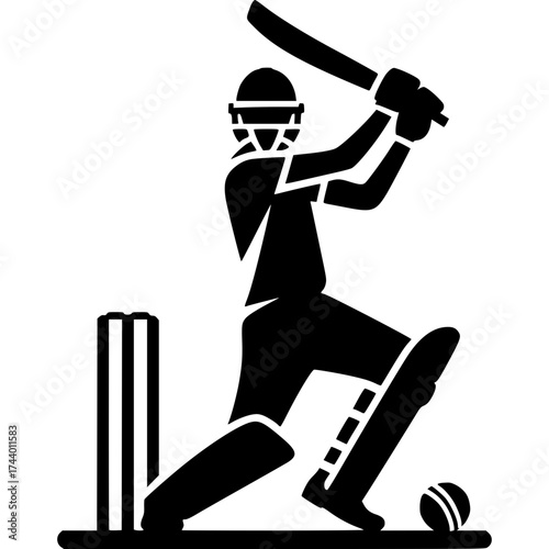 Cricket Icon in Action: A dynamic silhouette of a cricket player in full swing, embodying the spirit of the game, poised and ready to hit the ball towards the target, showcasing power, agility.