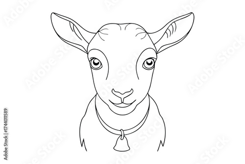 Line art baby goat with a bell around its neck facing forward animal farm