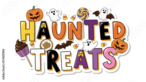 Haunted Treats: A colorful arrangement of Halloween themed treats and decorations spelling out Haunted Treats, evokes the spooky excitement of the holiday.