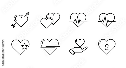 Collection of hand-drawn heart icons representing love health romance and security designs vector