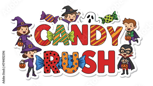 Candy Rush Halloween Extravaganza: Charming cartoon characters gleefully chase the delightful prospect of sugary treats, creating a scene brimming with playful delight.