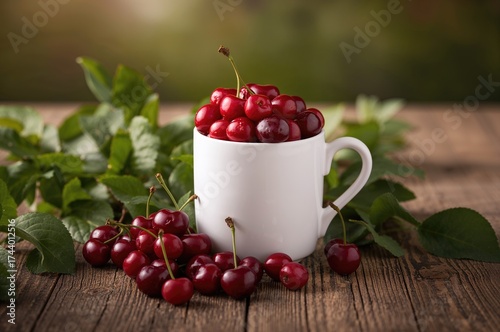 Mug filled with ripe cherri...