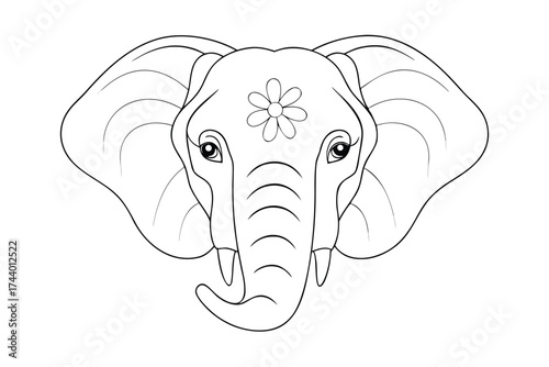Line art friendly elephant face with flower decoration forehead animal trunk