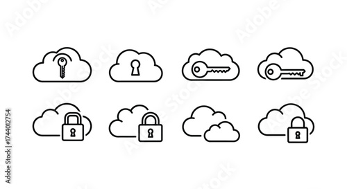 Cloud security icons set featuring locks and keys for data protection and access control vector