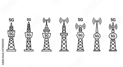 Collection of hand drawn 5g cell towers broadcasting wireless network signals artistic style vector