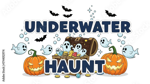 Underwater Haunt Illustration: A captivating illustration unveils a whimsical underwater scene of Halloween, featuring spooky ghosts, grinning pumpkins, and a treasure chest brimming with gold.