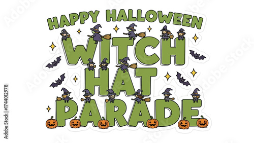 Halloween Witch Hat Parade: Whimsical illustration of a Halloween-themed parade with witches, bats, and pumpkins. The festive design evokes a sense of spooky fun.