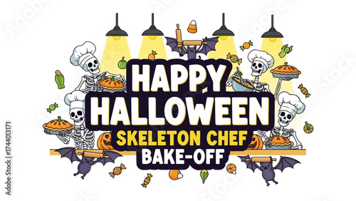 Happy Halloween Bake-Off: Halloween-themed illustration of skeleton chef baking treats, offering a playful and festive invitation to celebrate the spooky season.