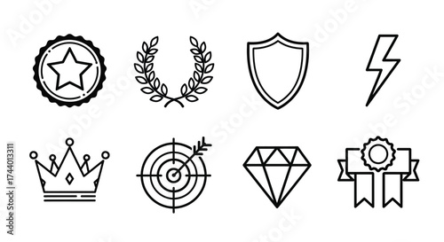 Collection of achievement symbols including crown shield star diamond and target icons vector