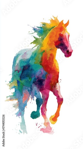 Vibrant Watercolor Horse Running Through Colorful Abstract Splashes