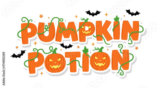 Pumpkin Potion Banner: Halloween themed design spells out Pumpkin Potion with spooky pumpkins, bats and stars to add a touch of playful spookiness