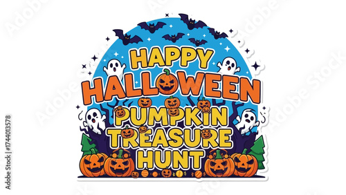 Spooky Fun: A cheerful illustration of a Happy Halloween pumpkin treasure hunt. Featuring jack-o'-lanterns, friendly ghosts, and a gathering of bats under a moonlit sky.