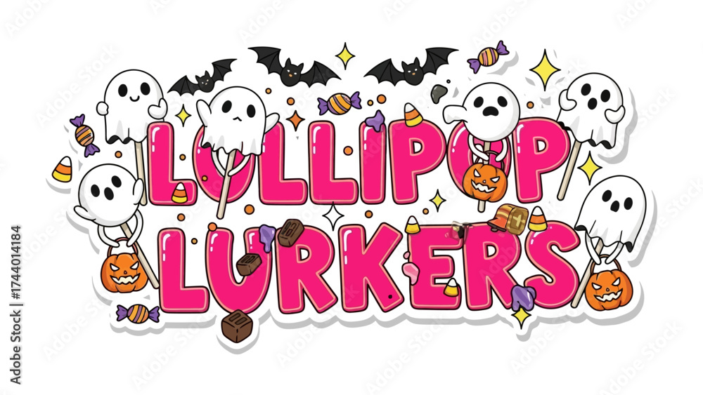 Fototapeta premium Lollipop Lurkers: A vibrant illustration showcasing the playful theme of Lollipop Lurkers, featuring adorable ghost characters, candy corn, pumpkin, and bat embellishments.