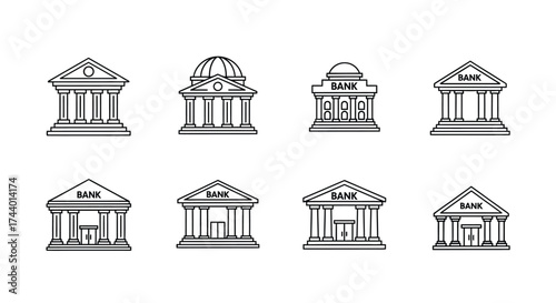 Collection of sketchy bank building icons representing financial institutions and business architecture vector