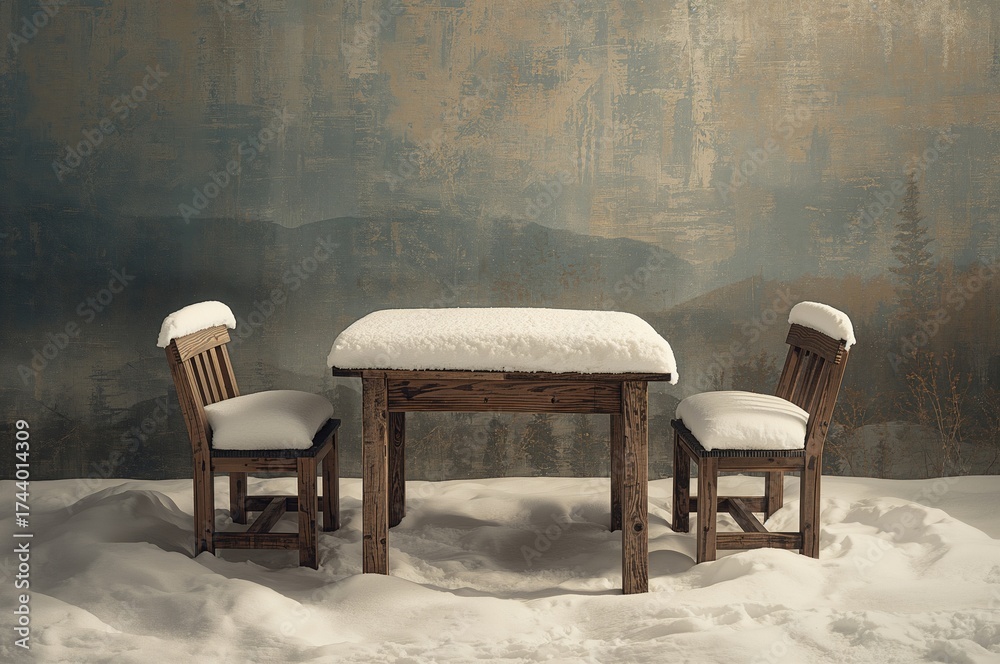 Fototapeta premium Snow-covered table and chairs
