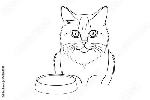 Line drawing a curious cat sitting beside a fishbowl feline animal