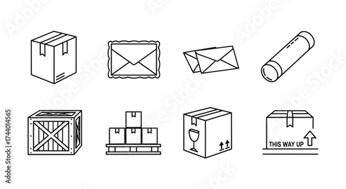 Set of eight hand-drawn warehouse shipping logistics delivery boxes and crates icons vector