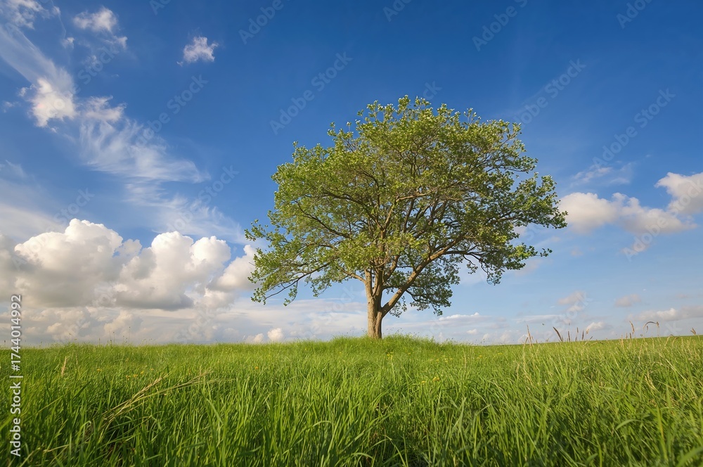Fototapeta premium Solitary pear tree standing in a lush green meadow under a bright blue summer sky