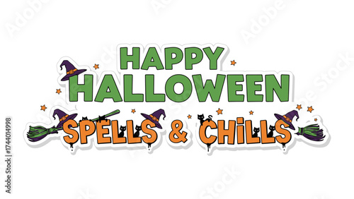 Happy Halloween: Embrace the eerie spirit with a playful Halloween graphic featuring Happy Halloween, Spells & Chills and whimsical witch elements. Capture the playful mood of holiday.