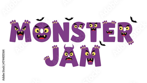 Monster Jam Typography: A playful and whimsical illustration features the words Monster Jam designed with a spooky, monster-themed aesthetic. perfect for Halloween events or kids' entertainment.