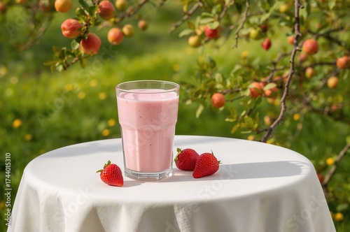 Glass of strawberry milk pl...