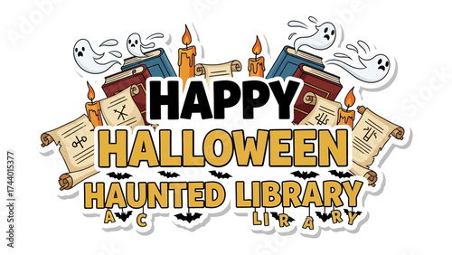 Spooky Library: A whimsical and spirited depiction of a Happy Halloween Haunted Library featuring a haunted atmosphere.
