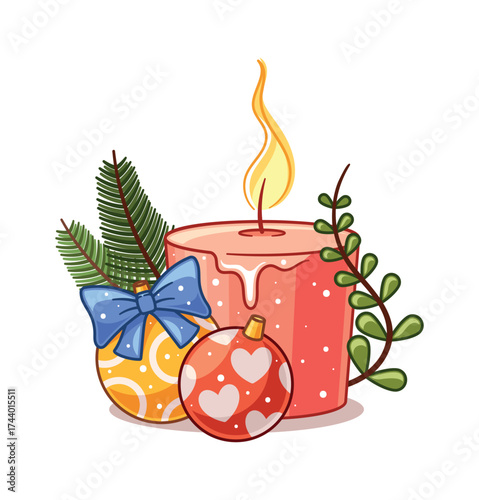 Candle with Christmas baubles decoration