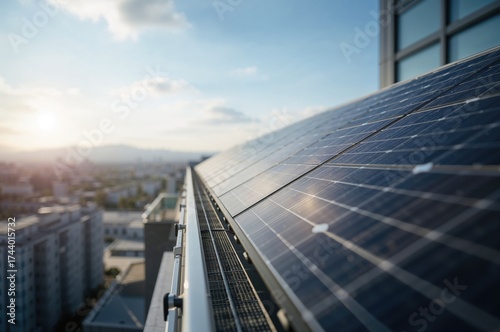 Sunlight Glinting Off Solar Panels on Contemporary Apartment Balcony