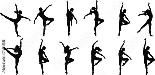 Black silhouette female ballet dancers performing elegant and artistic dance poses vector illustration for choreography, performance, and creative design projects