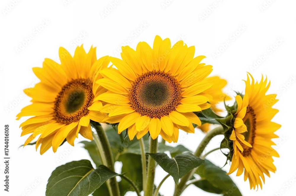 Fototapeta premium Collection of vibrant sunflowers on a white background
