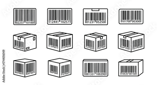 Collection of barcode icons and shipping box icons in sketch style for retail and logistics vector