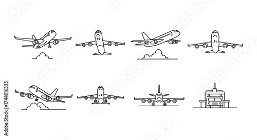 Collection of detailed fighter jet aircraft silhouettes and line drawings in various poses vector