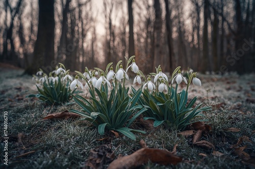 Snowdrops nestled in the he...