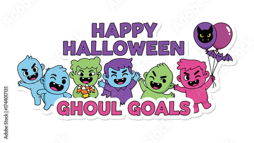 Happy Halloween Ghoul Goals: A spirited Halloween-themed graphic featuring a group of playful monster characters, embracing the festive spirit with balloons and vibrant colors. 