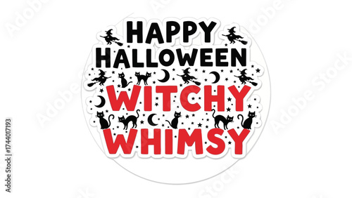 Happy Halloween Witchy Whimsy: Festive Halloween themed graphic art with black cat, witch silhouette and star and moon