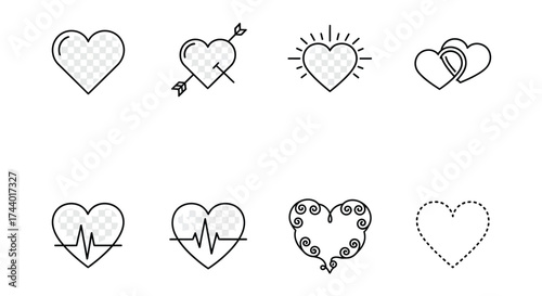 Set of hand drawn heart icons with different styles and symbols for romantic themes vector