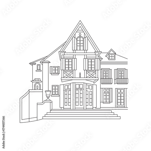 Architectural Illustration of a Classic European House