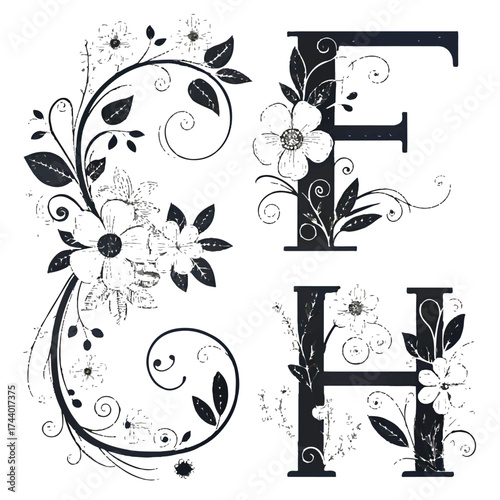 Elegant floral monograms featuring the letters f and h, adorned with delicate flowers and swirling foliage isolated on white background