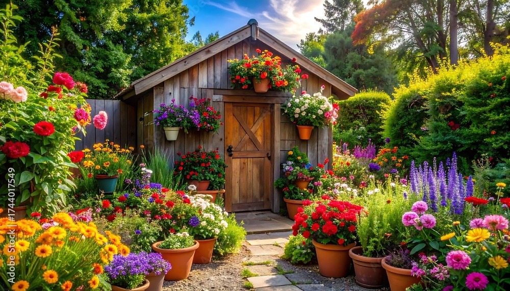 Naklejka premium Charming Wooden Garden Shed Adorned with Vibrant Flowers and Lush Greenery.