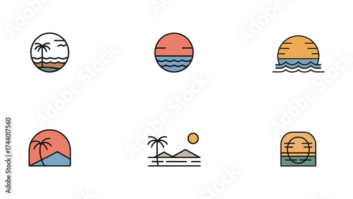 Modern oasis logo collection vector, minimalist tropical branding icons for hotels, spas, and resort, elegant vacation and luxury retreat identity design on white background