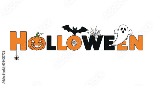 Spooky Halloween: The word Halloween spelled out with eerie and festive elements. Featuring pumpkin, ghost and bat. 