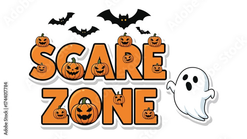 Spooky Scare Zone Graphic: Spooky imagery of pumpkins, bats and a friendly ghost with the text Scare Zone, creates a playful yet eerie design for a Halloween themed event or promotion.