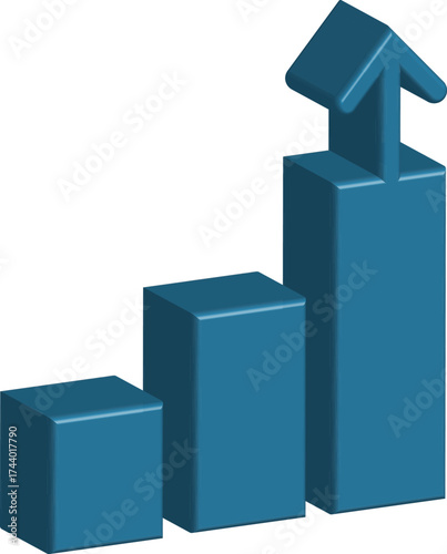 A blue 3d bar graph with an arrow pointing upwards, isolated on transparent background, symbolizing growth, progress, and positive trends in business and finance
