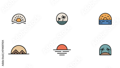 Modern oasis logo collection vector, minimalist tropical branding icons for hotels, spas, and resort, elegant vacation and luxury retreat identity design on white background