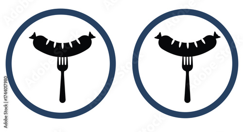 Two circular emblems featuring a fork with a sausage on top