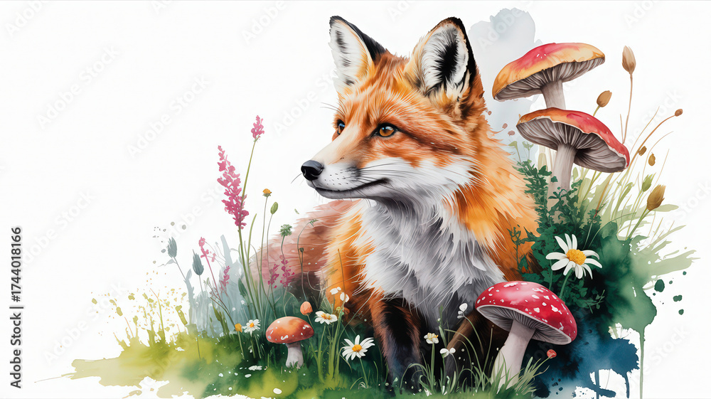 Fototapeta premium Watercolor Fox Amidst Mushrooms and Flora A Gentle Wildlife Portrait in Soft Hues and Delicate Brushstrokes