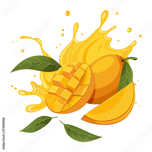 Juicy Mango Fruit Slice with Splash Illustration