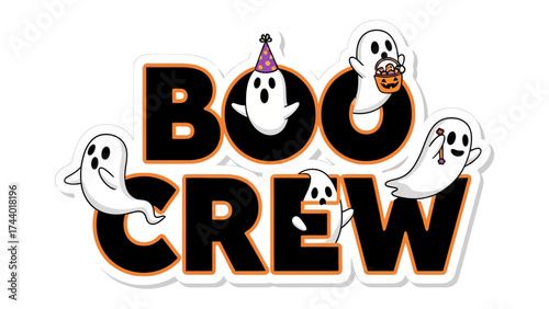 Spooky Crew Celebration: Festive, cartoonish ghosts gather around the Boo Crew text, embodying the playful spirit of Halloween, inviting all to revel in the spooky season.