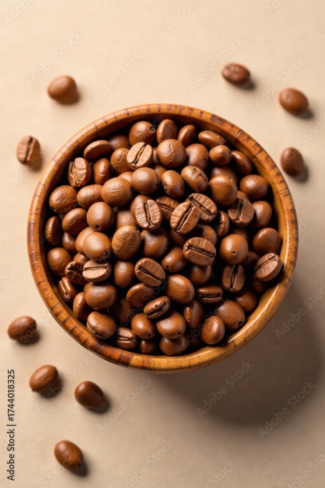 Fototapeta premium Wooden bowl brimming with light brown coffee beans , material, food